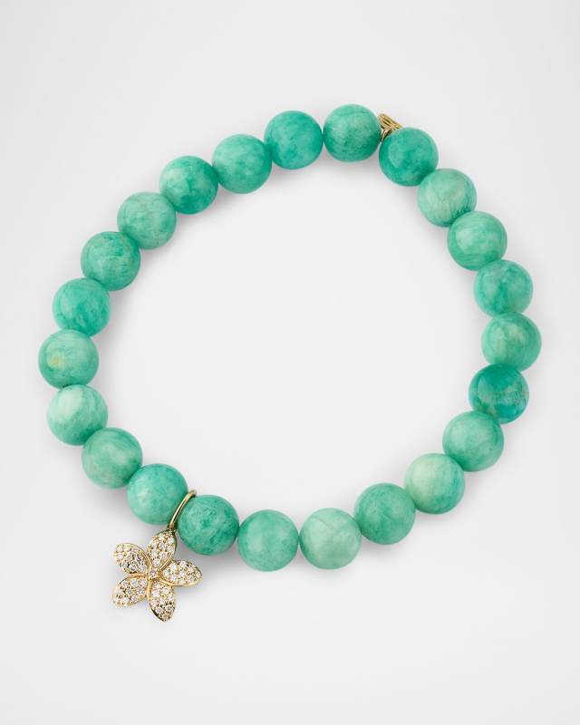 14K Yellow Gold Plumeria Charm and Russian Amazonite Bead Bracelet